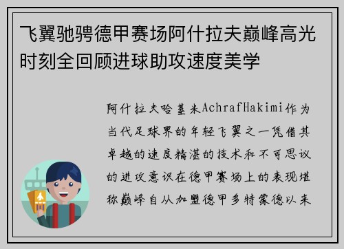 飞翼驰骋德甲赛场阿什拉夫巅峰高光时刻全回顾进球助攻速度美学